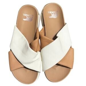 SOREL Women’s Vibe Criss Cross Slide Sandals – Tan & Cream – Size 10.5